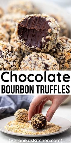 chocolate bourbon truffles on a white plate with text overlay that reads, chocolate bourbon truffles