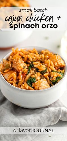 small batch cajun chicken and spinach orzo in a white bowl with text overlay