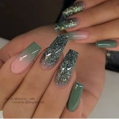 Green Acrylic Nails, Manicure Tips, Her Nails, Fall Acrylic Nails, Dusty Green, Nail Designs Glitter, Acrylic Nails Coffin, Coffin Nails Designs