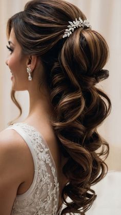 a woman with long hair wearing a wedding hairstyle