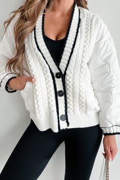 Whistling Winds Quilted Cardigan Jacket (Ivory) - NanaMacs V-neck Cable Knit Outerwear For Layering, White Cable Knit Button-up Outerwear, White V-neck Outerwear For Layering, White Winter Cardigan With Button Closure, Winter White V-neck Outerwear For Spring, Trendy White Cardigan For Work, Winter White V-neck Outerwear For Layering, White Cardigan With Button Closure For Fall, White Fall Cardigan With Button Closure