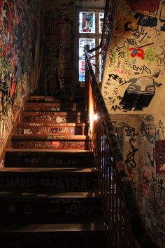 the stairs are covered in graffiti and have been cleaned