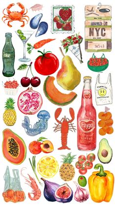 watercolor painting of various fruits and vegetables