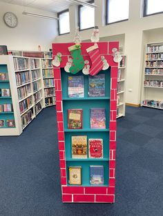 a book shelf made out of bricks in a library