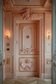 A Beauteous Cloakroom in the Main-Style of Neoclassical with the Dominant Color Peach and with Patterns and Decorations of Friezes Greek And Roman Architecture, Neoclassical Decor, Peach Color Schemes, Neoclassical Design, Neoclassical Interior, Gilded Mirror, Roman Architecture, Muted Color Palette, Wood Polish