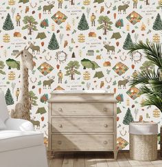 a baby's room wallpaper with animals, trees and other things on it