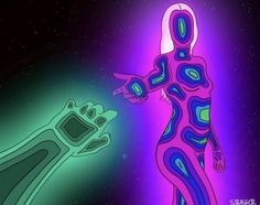 a neon colored drawing of a person pointing at something in the distance with his hand