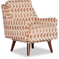 an orange and white patterned chair with wooden legs