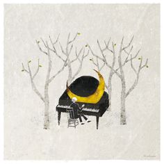 a painting of a person playing the piano in front of some trees with yellow leaves