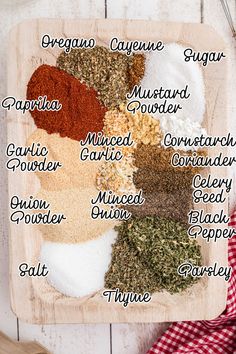 spices on a wooden cutting board with the names of their respective spice types and ingredients