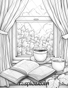 a cup of coffee and an open book on a window sill