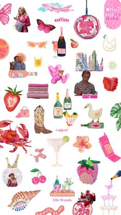 a collage of pink and red items on a white background with the words hello kitty written in large letters