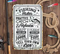 fishing rules poster on wood background