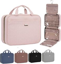 an open suitcase with multiple compartments and zippers on the inside, in various colors