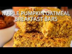 maple pumpkin oatmeal breakfast bars stacked on top of each other with the words maple pumpkin oatmeal breakfast bars