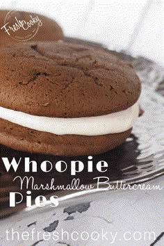 a close up of a cookie on a plate with the words whoopie marshmallow butterman pies