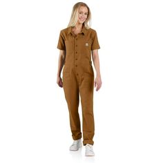 Women's Short-Sleeve Coverall - Relaxed Fit - Rugged Flex® - Canvas | Women's Cotton Duck & Canvas Outerwear Utility Style Shortalls With Pockets And Relaxed Fit, Utility Style Relaxed Fit Shortalls With Pockets, Relaxed Fit Utility Shortalls With Pockets, Utility Short Sleeve Overalls For Workwear, Utility Style Short Sleeve Overalls For Workwear, Relaxed Fit Short Sleeve Overalls With Pockets, Utility Overalls With Patch Pockets For Work, Solid Overalls With Pockets For Work, Solid Workwear Overalls With Side Pockets