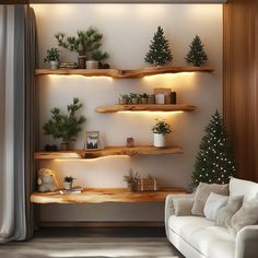 a living room filled with white furniture and christmas trees on the wall behind it,