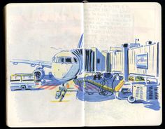 an open book with a drawing of a plane on the tarmac next to other vehicles