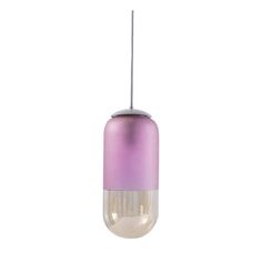 a purple and white light hanging from a ceiling