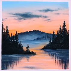 a painting of a lake with trees on the shore and fog in the air at sunset