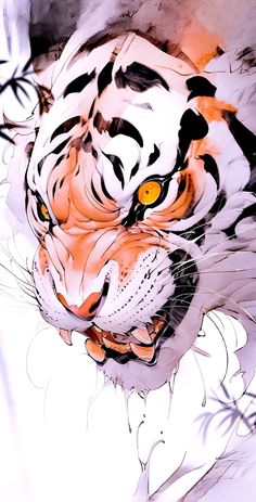 a tiger with orange eyes and white fur