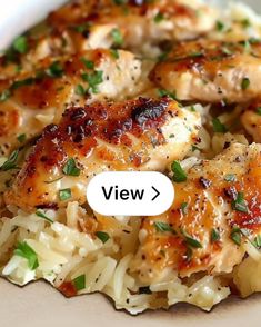 a close up of a plate of food with rice and chicken on it, which is labeled view