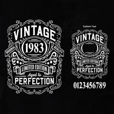 two black and white vintage labels on a black background