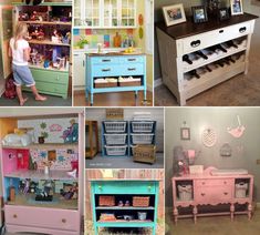 there are many different types of furniture in this photo collage, including an old dresser