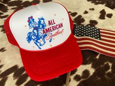 All American Sweetheart Trucker Hat - Deer Creek Mercantile Country Style Trucker Hat For Country Events, Red Patriotic Summer Hat, Patriotic Trucker Hat For 4th Of July, Red Americana Hat For Summer, Western Style Trucker Hat For Summer Outdoor, Red Americana Summer Hat, Adjustable Hat For 4th Of July Outdoor, Adjustable Hats For Outdoor 4th Of July, Americana Snapback Hat For 4th Of July