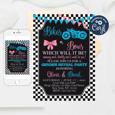 a black and white checkered birthday party with an iphone next to it