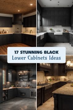 Explore 4 inspiring kitchen designs showcasing stunning black lower cabinets. Discover modern aesthetics with wooden ceilings, quaint farmhouse sinks, and chic natural stone finishes. These images illustrate unique styles that redefine kitchen spaces. Black Lower Cabinets, Low Cabinet, Black