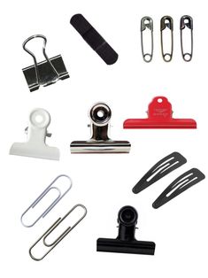 several different types of paper clips and staplers on a white background with clippings