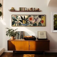 a wooden cabinet with books and plants on top