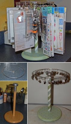 there are pictures of different items in the photo collage, including an umbrella stand