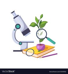 microscope and books with plants on white background