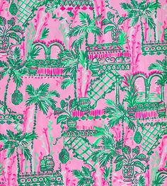 a pink and green wallpaper with palm trees, potted plants and vases