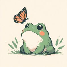 a drawing of a frog with a butterfly on it's head sitting in the grass