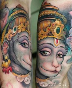 two tattoos on both legs with an elephant and woman's face