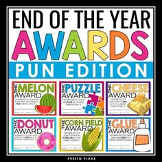 the end of the year award poster with words and pictures for each word, including donuts