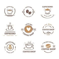 coffee shop logos and emblems with different types of coffee beans, espresso, cappuccino