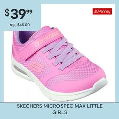 Add some extra comfy cushioning to a sporty style with Skechers Microspec Max - Racer Gal. This pull-on features a mesh upper with stretch laces, instep strap and a visible Skech-Air airbag midsole.Closure Type: StrapUpper/Outer Base Material: 61% Polyester, 39% PolyuretheneShoe Lining Material: PolyesterSole Material Content: 58% Polyester, 42% EvaCountry of Origin: Imported Spring Sporty Scratch-resistant Sneakers, Sporty Scratch-resistant Pink Running Shoes, Sporty Pink Scratch-resistant Running Shoes, Synthetic Running Shoes For Light Sports In Spring, Spring Synthetic Running Shoes For Casual Sports, Spring Synthetic Running Shoes For Sports, Breathable Easy Fit Sneakers For Sports, Sporty Breathable Sneakers With Easy Fit, Comfortable Pink Synthetic Sneakers