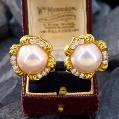 a pair of pearl and diamond earrings in a velvet box on top of some rocks