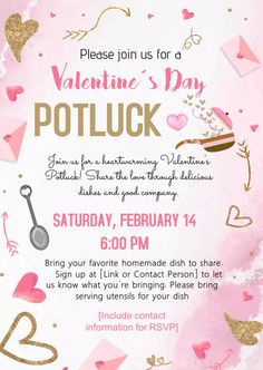 a pink and gold valentine's day potluck party flyer with hearts, spoons, cake on it