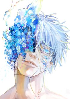 an anime character with blue hair and flowers on his head, looking to the side