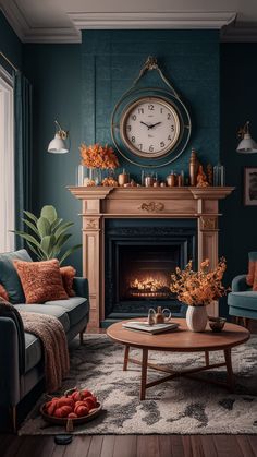 a living room filled with furniture and a clock on the wall above a fire place