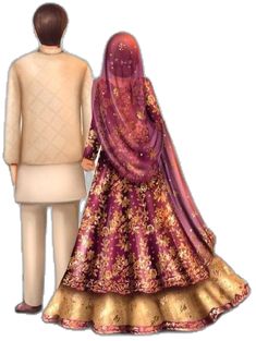 a man and woman are dressed in wedding attire, looking at each other from the back