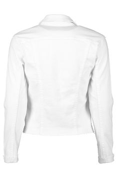 White raw hem denim jacket from L'Agence featuring a slim fit, spread collar, button down front, long cuffed sleeves, patch and side pockets, and a straight raw hem. 98% Cotton, 2% Elastane, Machine Wash Made in the USA, Standard Sizing Fitted Cotton Denim Jacket With Lapel Collar, Fitted Denim Jacket With Lapel Collar, Fitted Collared Denim Jacket, Fitted Cotton Denim Jacket With Long Sleeves, Fitted Long Sleeve Cotton Denim Jacket, Fitted Long Sleeve Denim Jacket With Button Cuffs, Fitted Cotton Denim Jacket With Button Cuffs, Fitted Denim Jacket With Button Cuffs, Fitted Cotton Outerwear With Frayed Hem