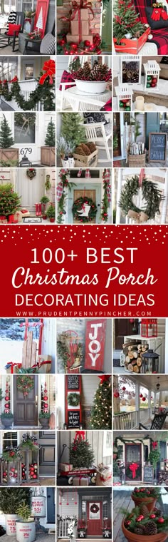 christmas porch decorating ideas with red and white accents, including wreaths, trees, stockings