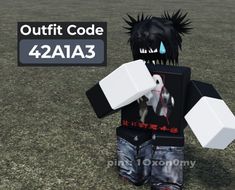 an animated image of a person holding a white block in front of the text, outift code 42ia3a3